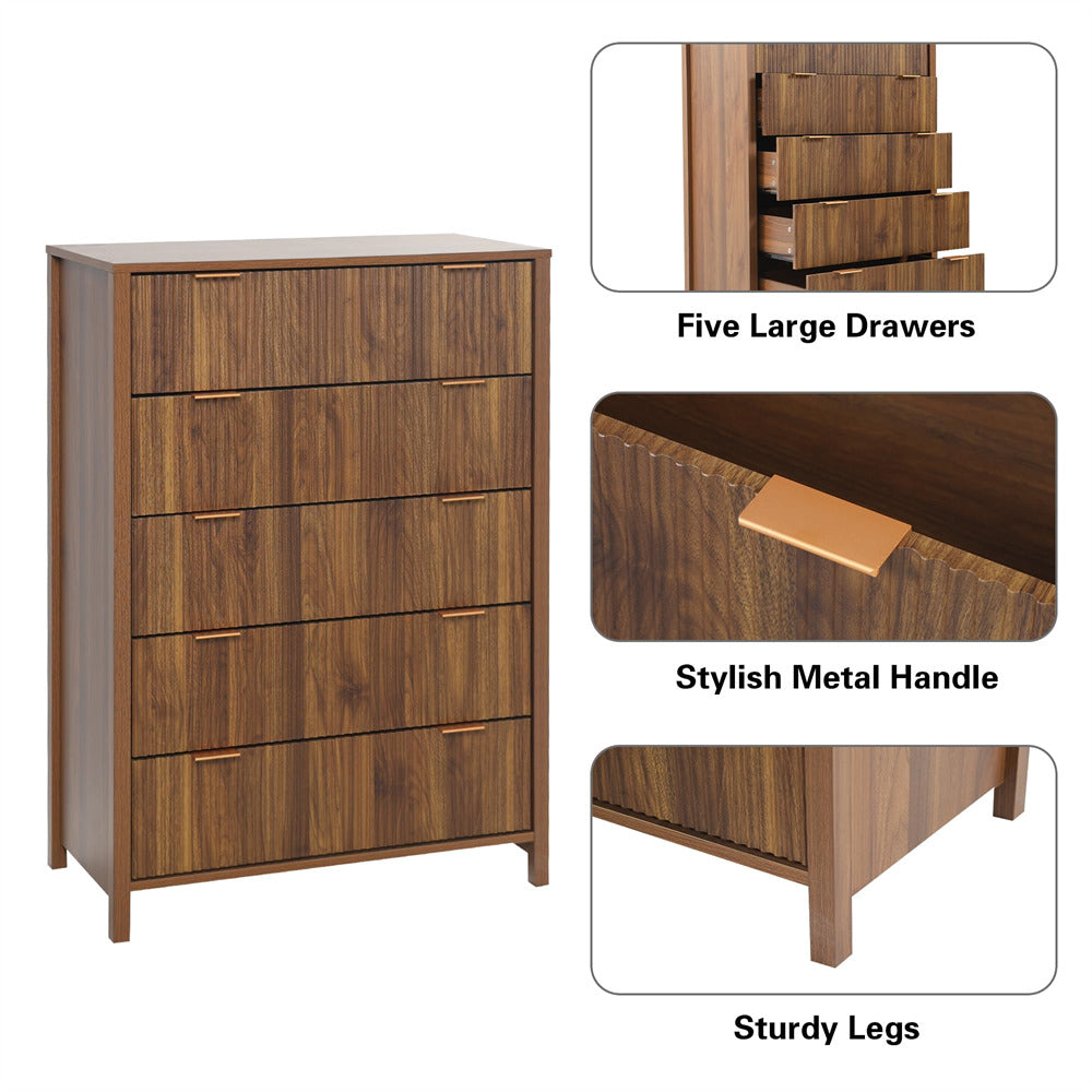 Walnut Modern Wood 5 Drawer Dressers with Waveform Fluted Panel