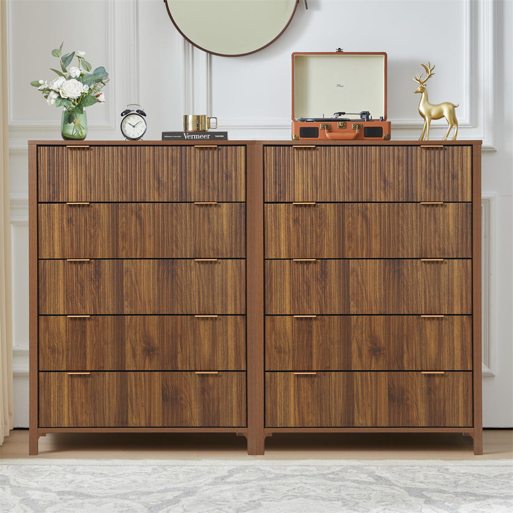 Walnut Modern Wood 5 Drawer Dressers with Waveform Fluted Panel