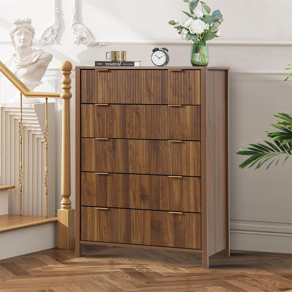 Walnut Modern Wood 5 Drawer Dressers with Waveform Fluted Panel