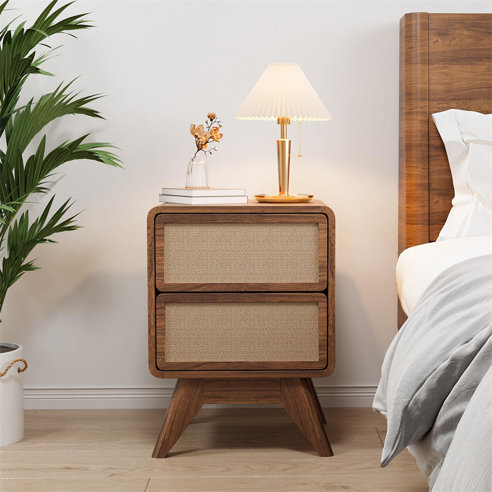 Walnut Modern Wood Boho Nightstand Rustic End Table with Linen and Solid Wood Legs
