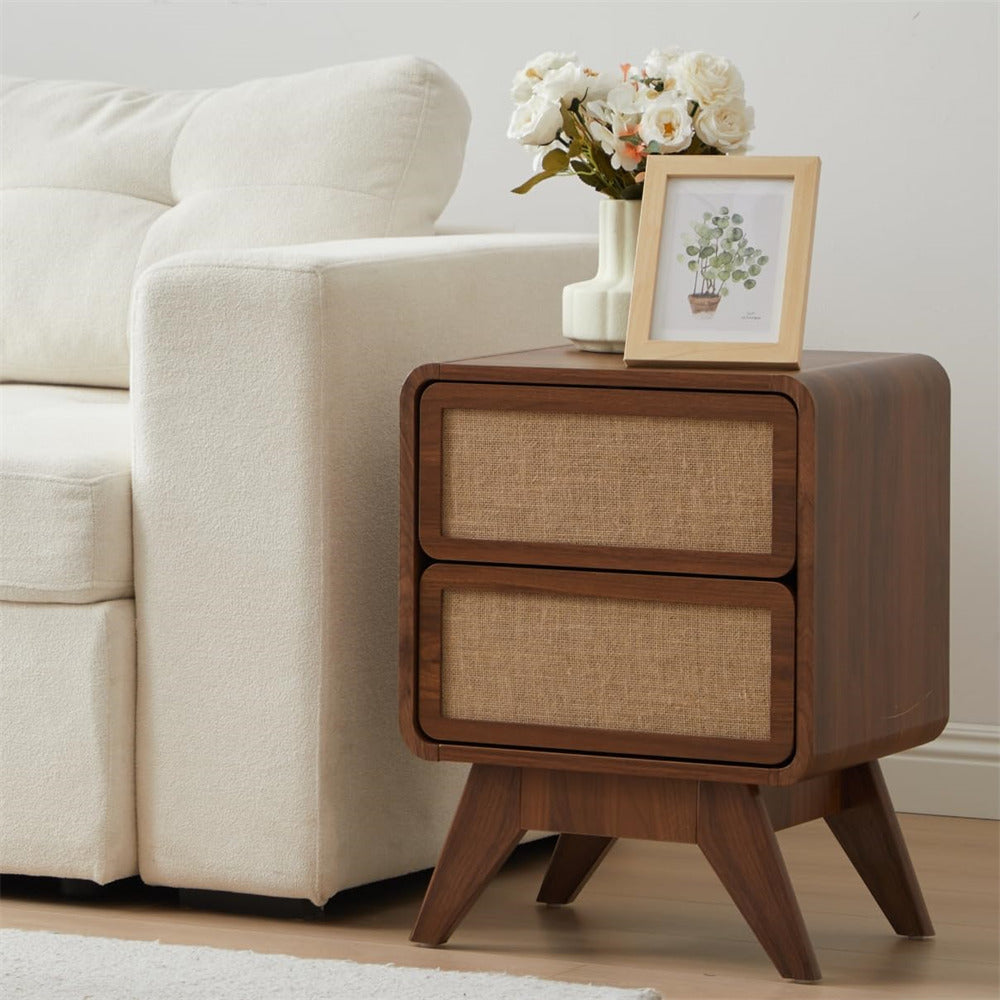 Walnut Modern Wood Boho Nightstand Rustic End Table with Linen and Solid Wood Legs