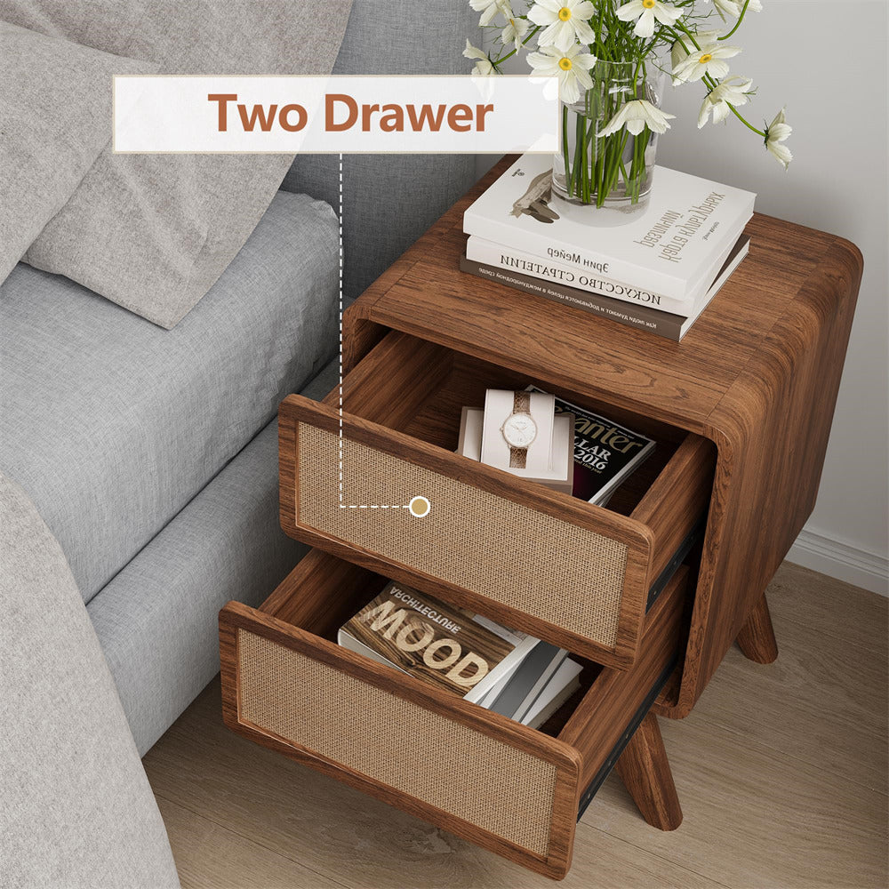 Walnut Modern Wood Boho Nightstand Rustic End Table with Linen and Solid Wood Legs
