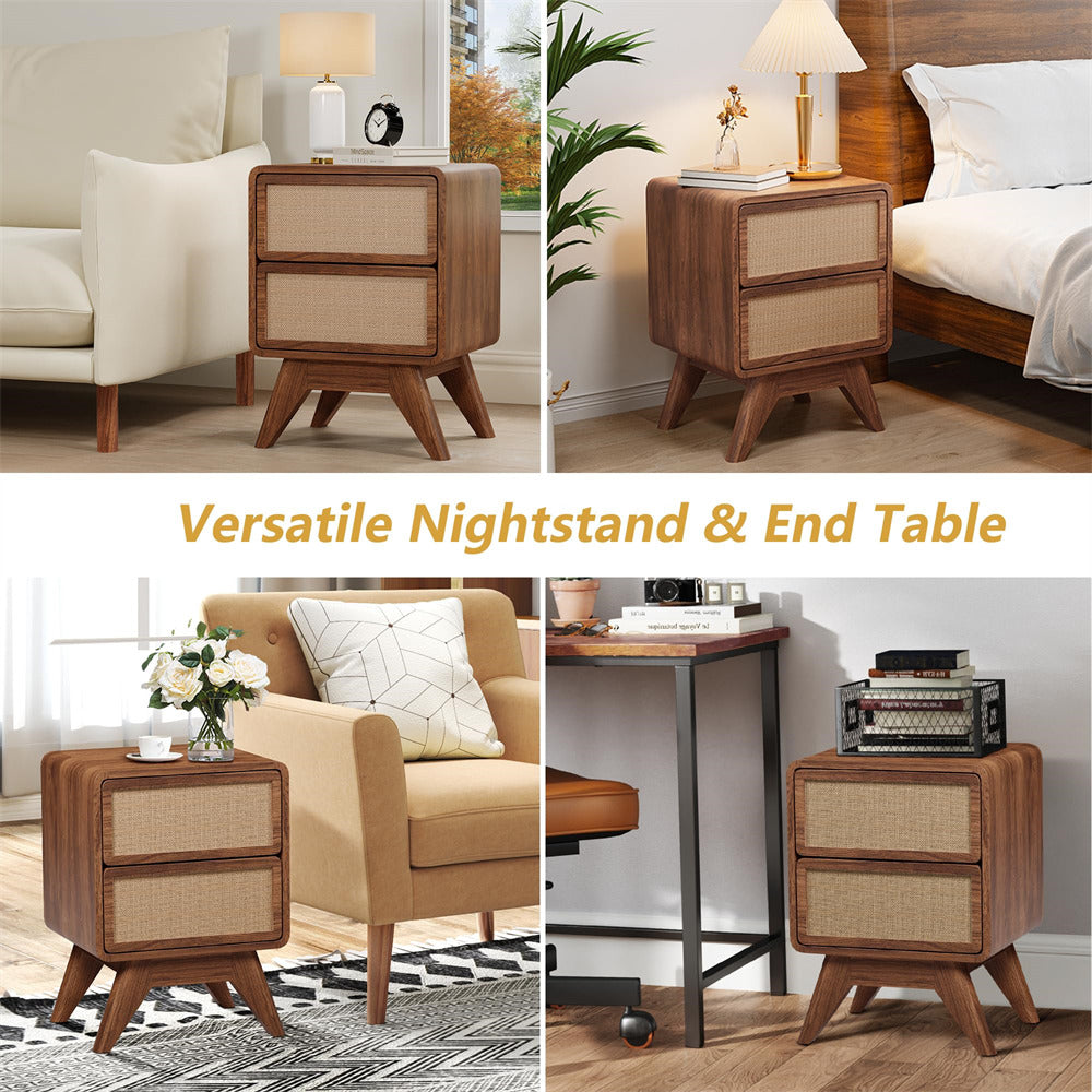 Walnut Modern Wood Boho Nightstand Rustic End Table with Linen and Solid Wood Legs