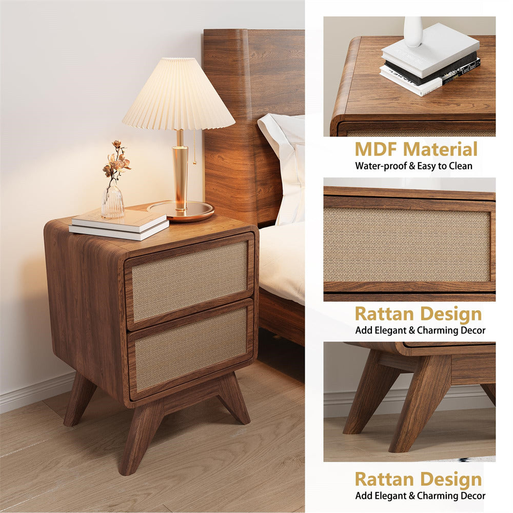 Walnut Modern Wood Boho Nightstand Rustic End Table with Linen and Solid Wood Legs