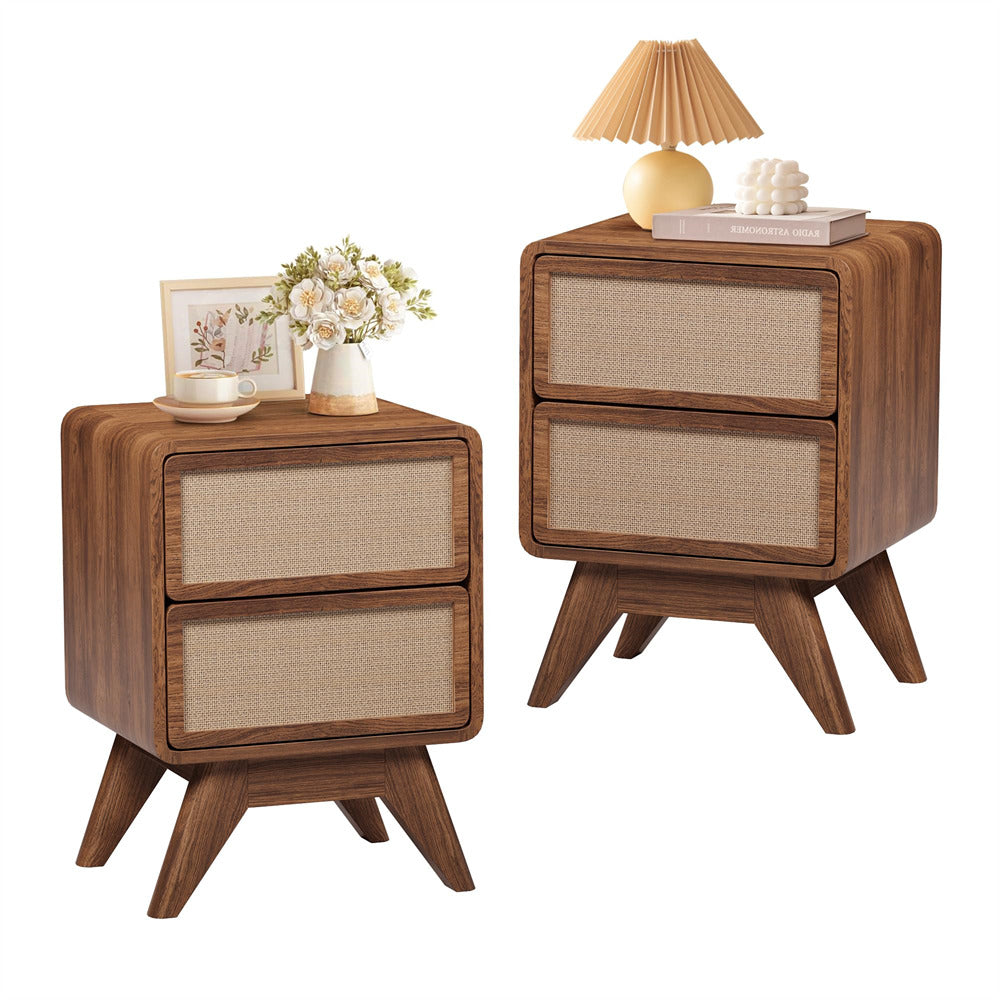 Walnut Modern Wood Boho Nightstand Rustic End Table with Linen and Solid Wood Legs