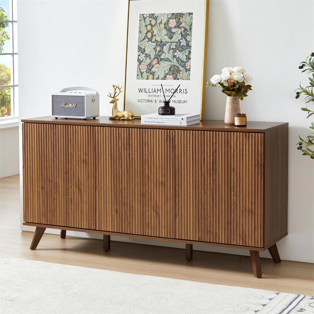Walnut Modern Wood Fluted Storage Cabinet Sideboard Buffet with 3 Doors