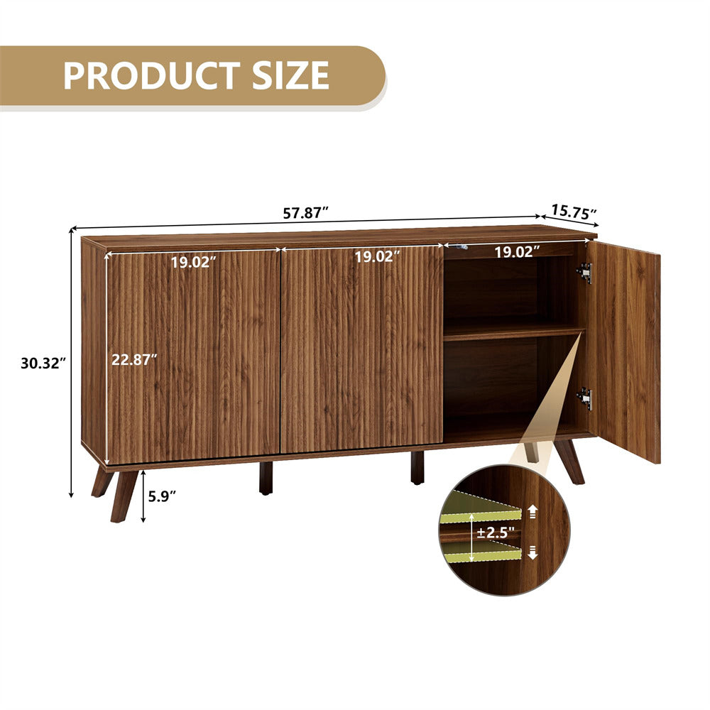Walnut Modern Wood Fluted Storage Cabinet Sideboard Buffet with 3 Doors