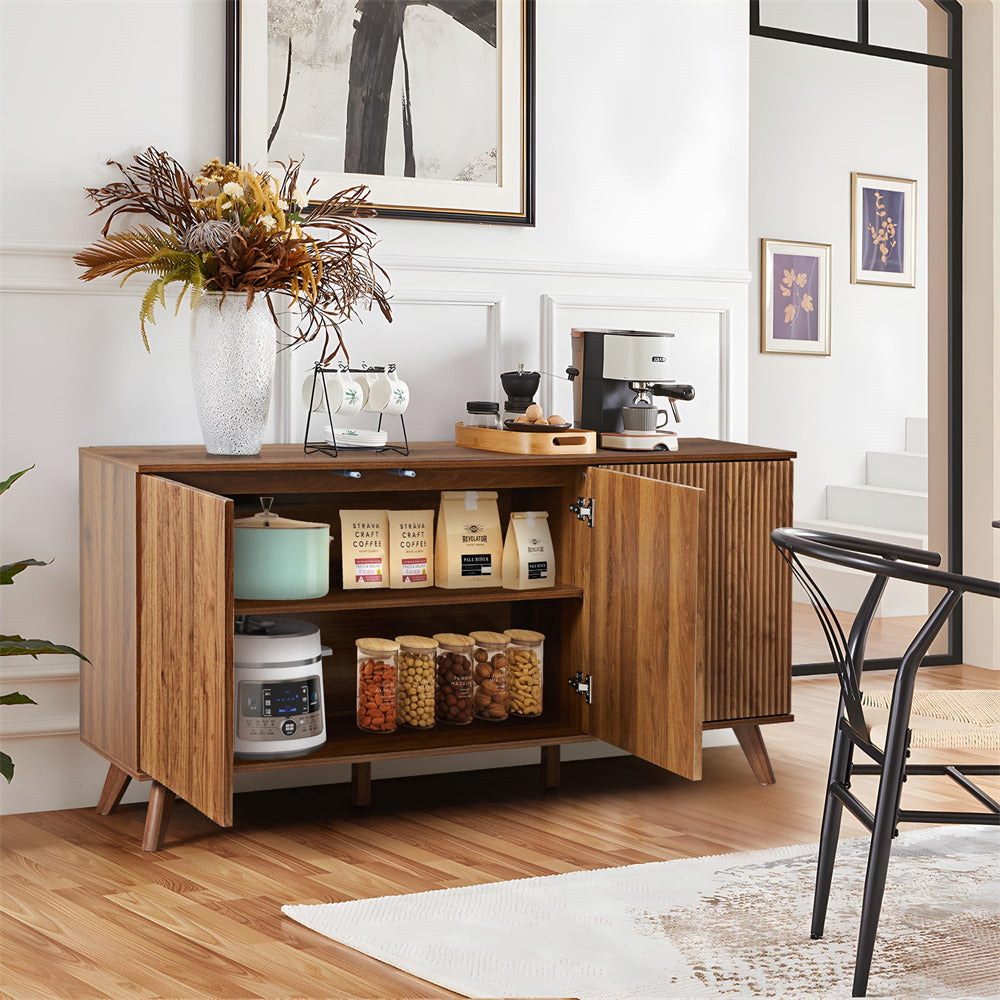 Walnut Modern Wood Fluted Storage Cabinet Sideboard Buffet with 3 Doors