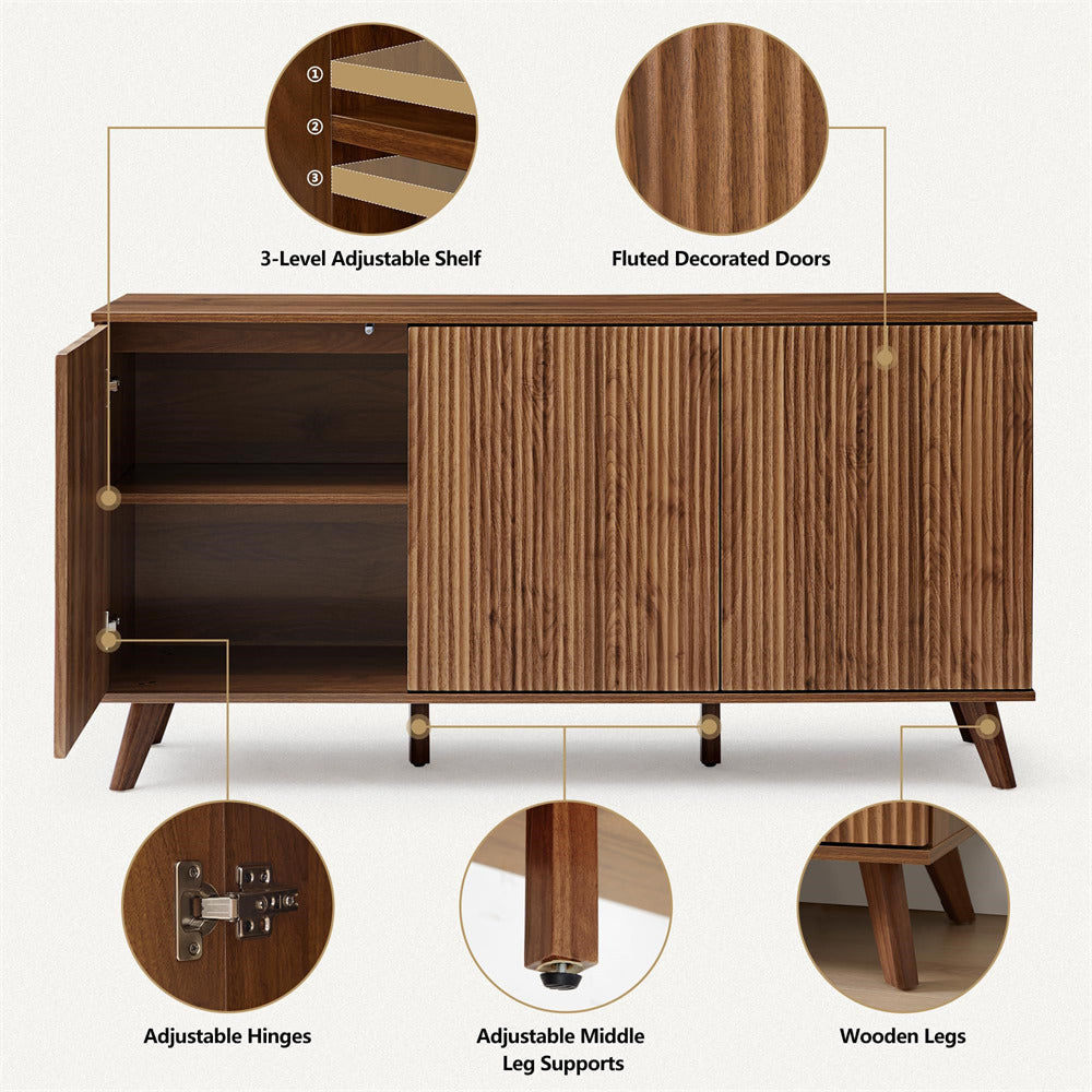Walnut Modern Wood Fluted Storage Cabinet Sideboard Buffet with 3 Doors
