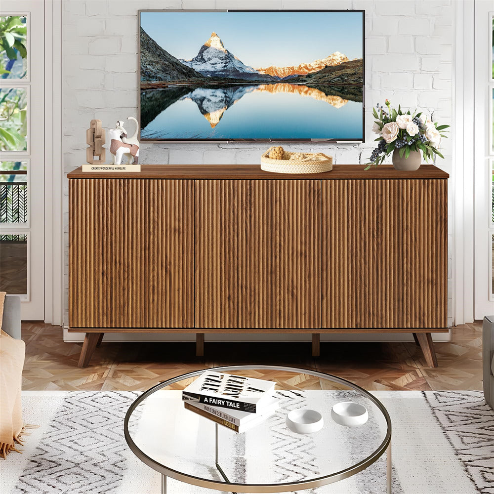 Walnut Modern Wood Fluted Storage Cabinet Sideboard Buffet with 3 Doors