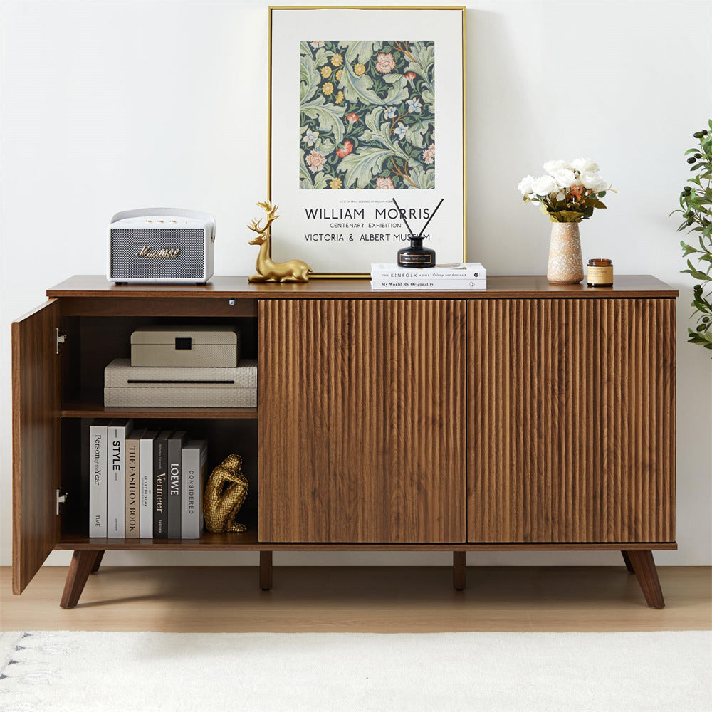 Walnut Modern Wood Fluted Storage Cabinet Sideboard Buffet with 3 Doors