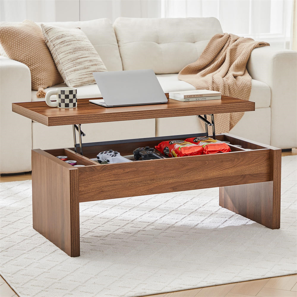 Wooden coffee table with lift-top revealing games and toys in a living room setting.