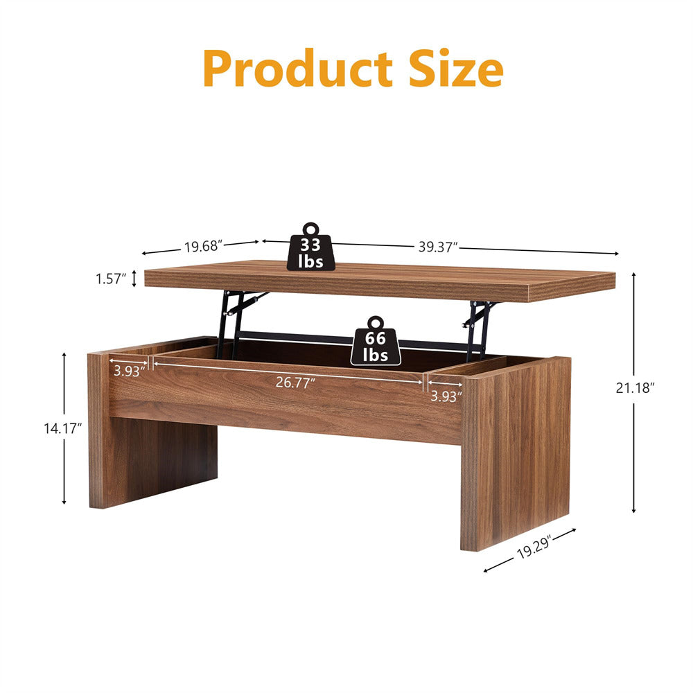 Wooden coffee table with measurement details on a white background