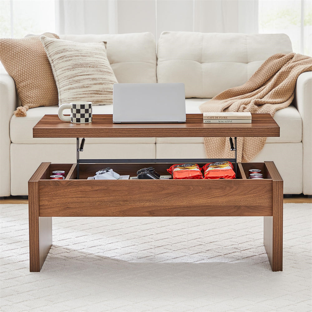 Wooden coffee table with lift-top feature in a living room setting.