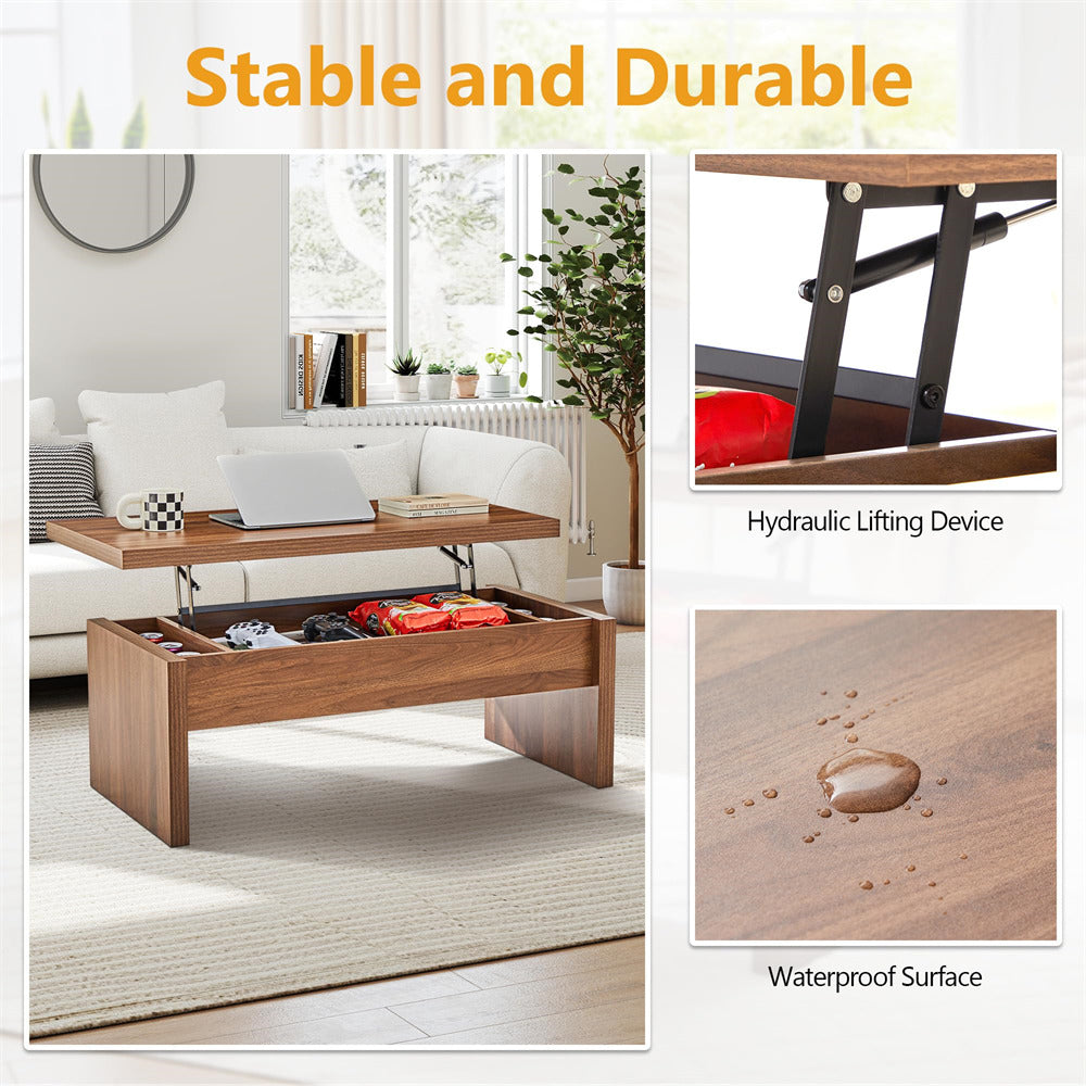 Wooden coffee table with hydraulic lifting device in a living room setting, highlighting stability and durability.
