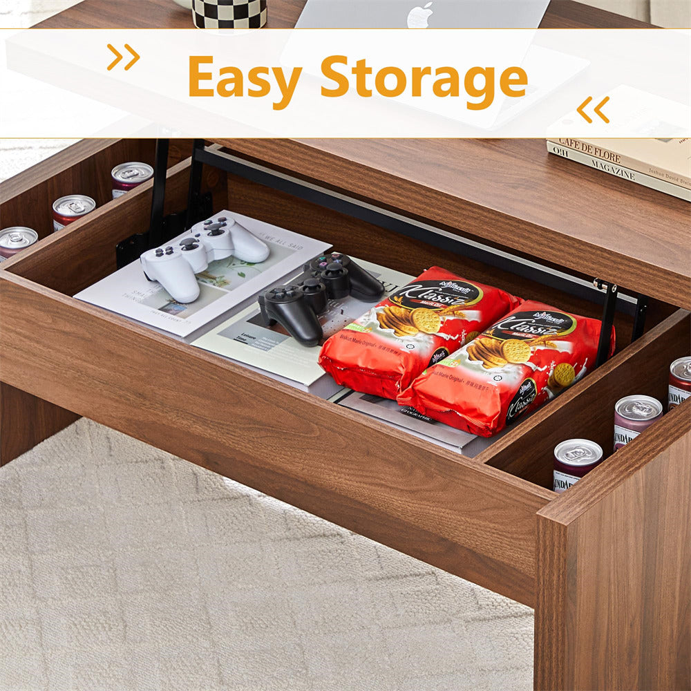 Wooden desk with an open drawer containing snacks and gaming controllers, labeled 'Easy Storage'.