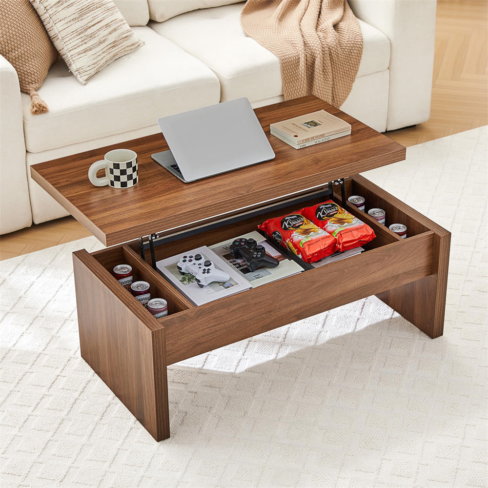 Wooden coffee table with storage compartment in a living room setting