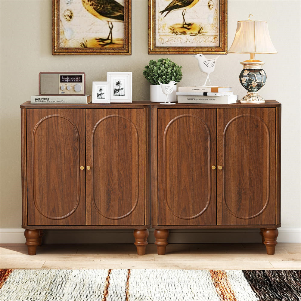 Walnut Modern Wooden Fluted Storage Cabinet Sideboard Buffet with Adjustable Shelves and Solid Wood Legs