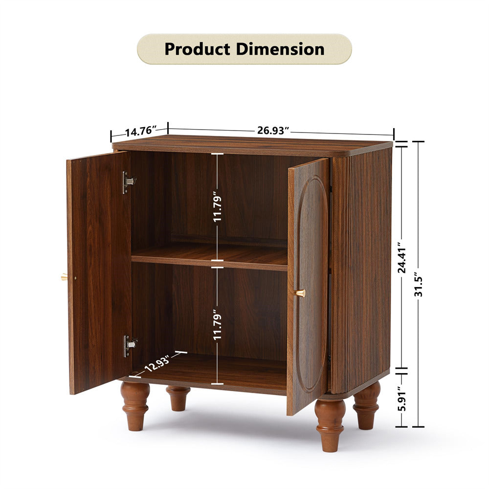 Walnut Modern Wooden Fluted Storage Cabinet Sideboard Buffet with Adjustable Shelves and Solid Wood Legs