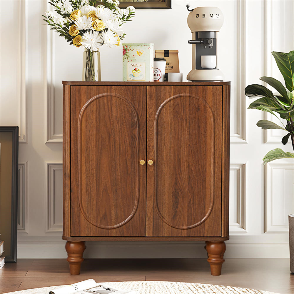 Walnut Modern Wooden Fluted Storage Cabinet Sideboard Buffet with Adjustable Shelves and Solid Wood Legs