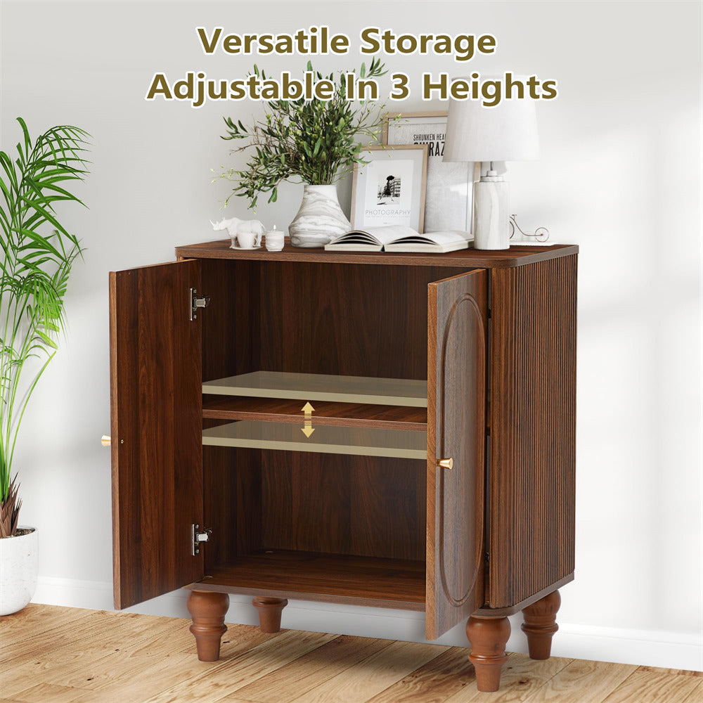 Walnut Modern Wooden Fluted Storage Cabinet Sideboard Buffet with Adjustable Shelves and Solid Wood Legs
