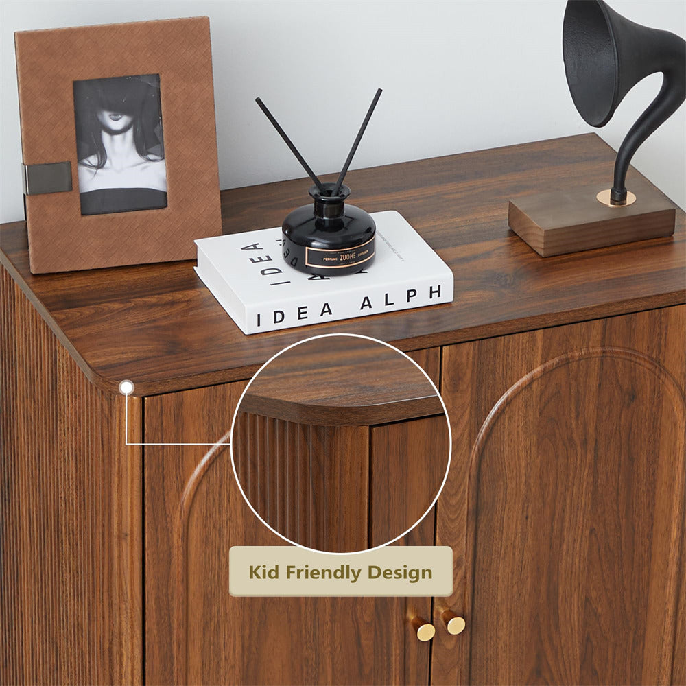 Walnut Modern Wooden Fluted Storage Cabinet Sideboard Buffet with Adjustable Shelves and Solid Wood Legs