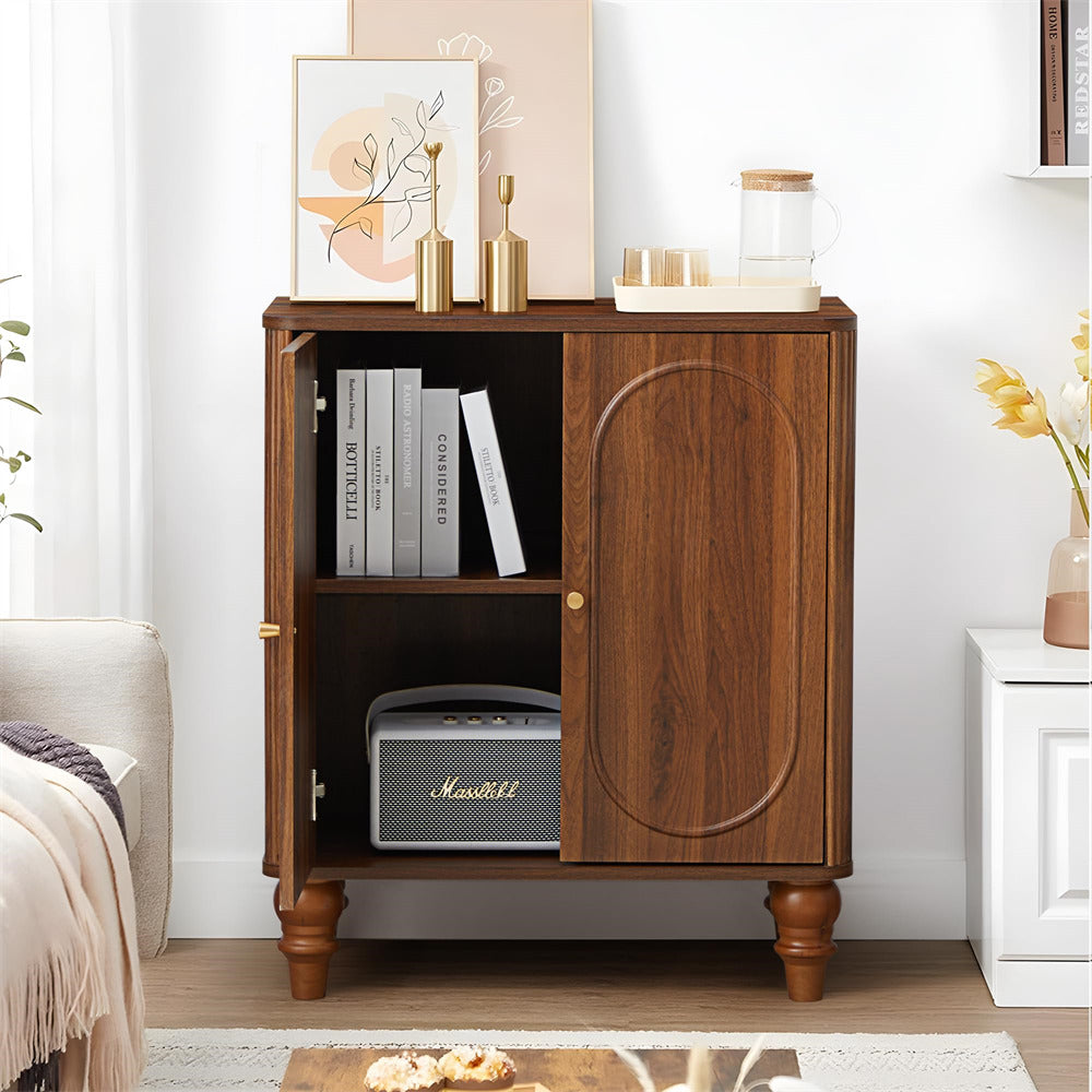 Walnut Modern Wooden Fluted Storage Cabinet Sideboard Buffet with Adjustable Shelves and Solid Wood Legs