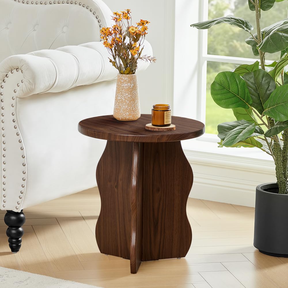 Wooden side table with decorative items in a home setting