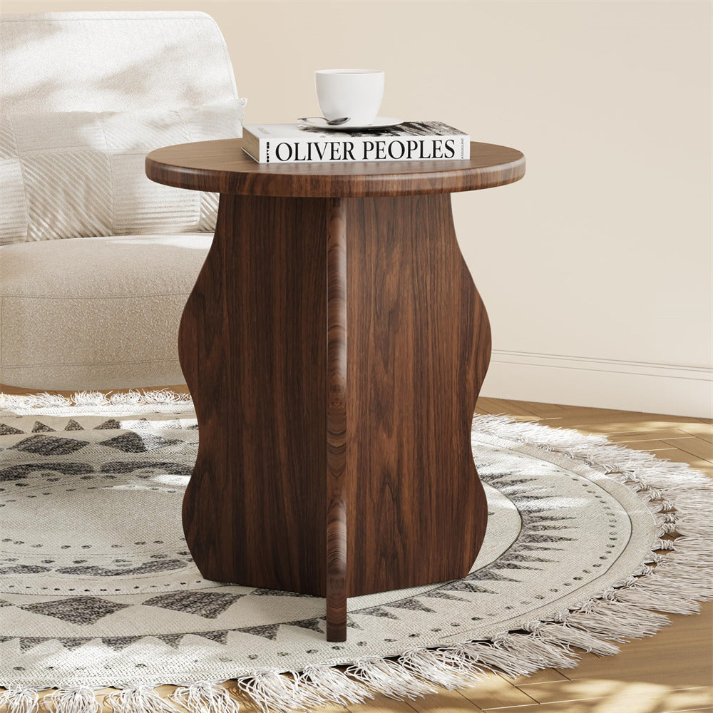 Walnut Modern Wooden Pedestal Round Small Side Table with Wave Legs