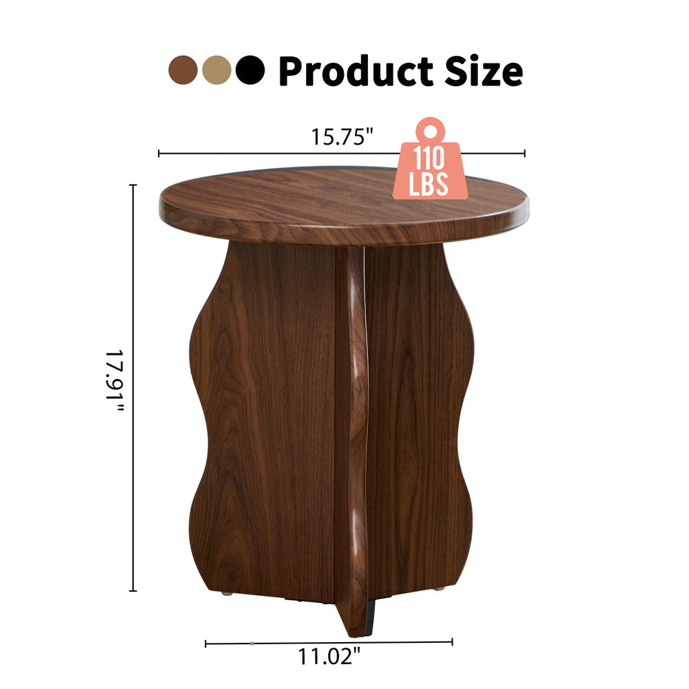 Walnut Modern Wooden Pedestal Round Small Side Table with Wave Legs