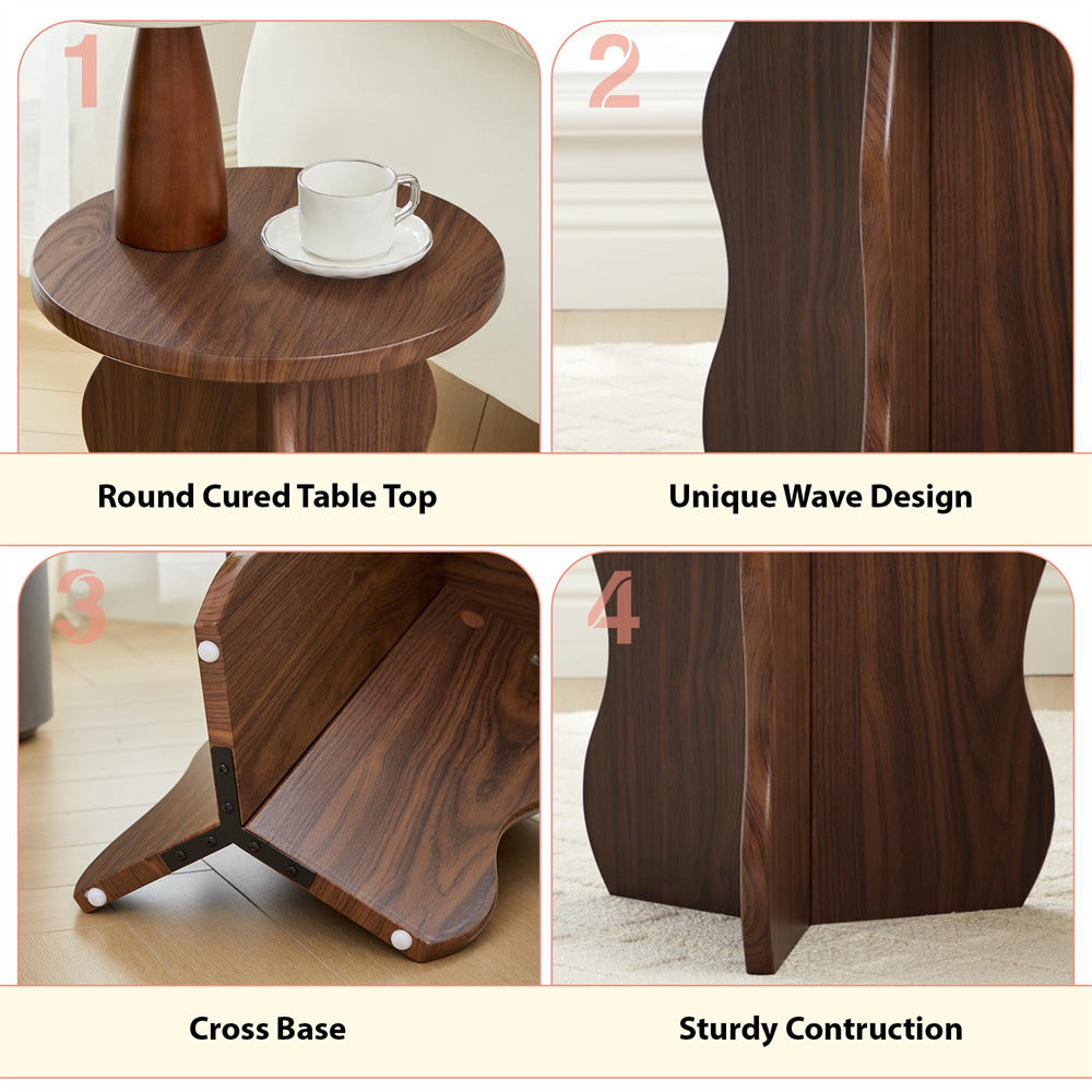 Wooden side table with round cured top, unique wave design, cross base, and sturdy construction.