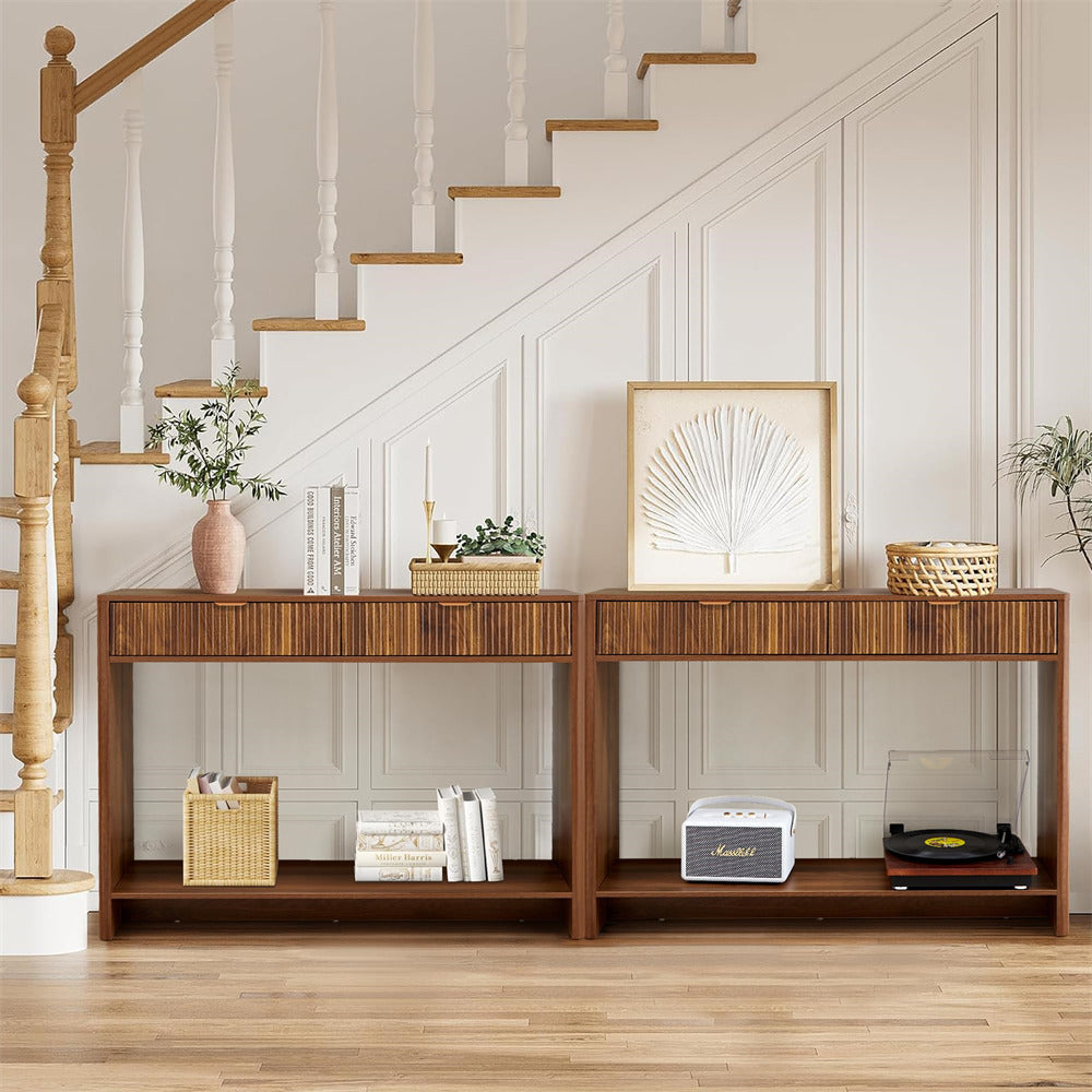 Walnut Narrow Console Table with 2 Drawers