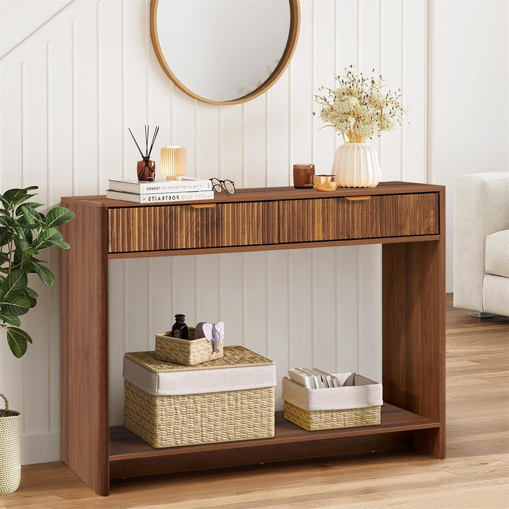 Walnut Narrow Console Table with 2 Drawers