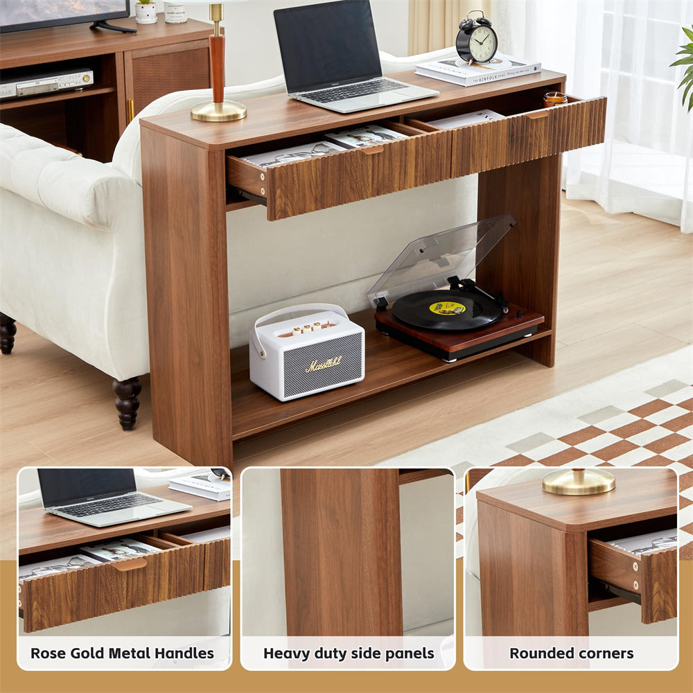 Walnut Narrow Console Table with 2 Drawers