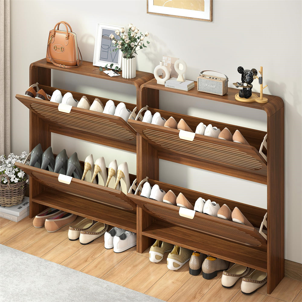 Wooden shoe rack with various shoes on a wooden floor.