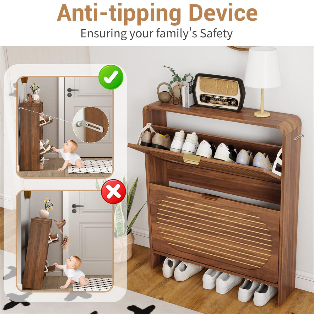Wooden shoe cabinet with anti-tipping device feature, showing before and after scenarios.