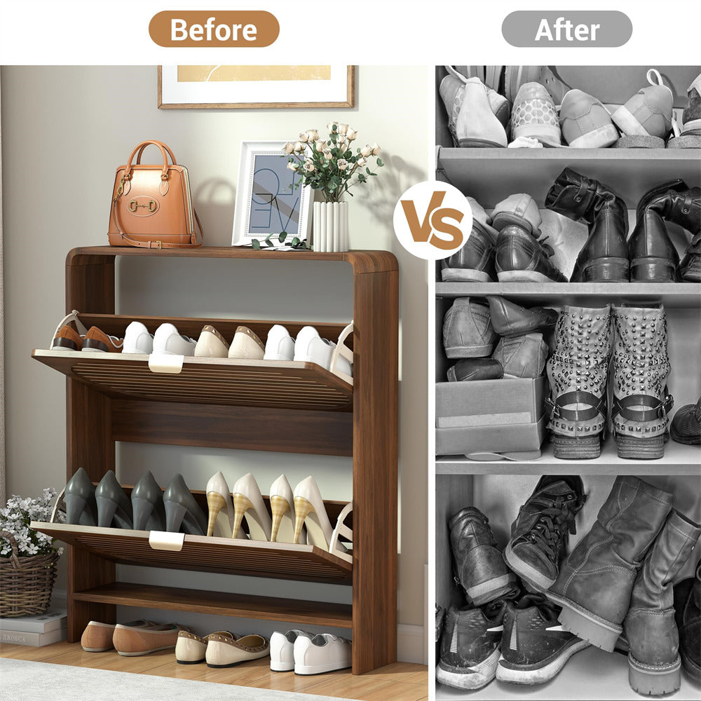 Before and after comparison of a shoe rack with shoes on shelves.