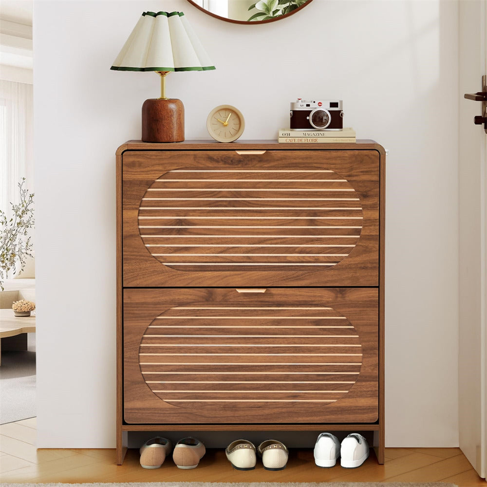Wooden cabinet with decorative items on top in a room setting