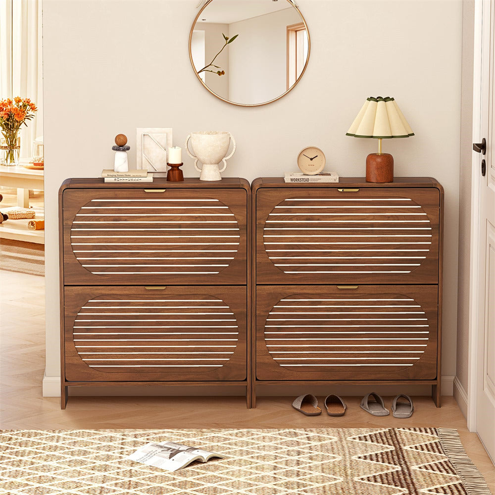 Wooden sideboard with decorative items in a room setting