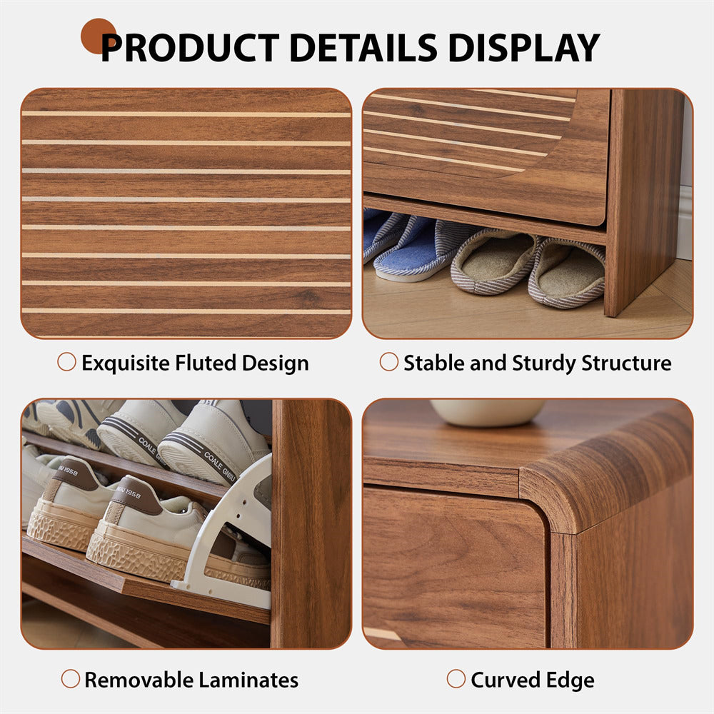 Wooden shoe rack with fluted design, stable structure, removable laminates, and curved edge.