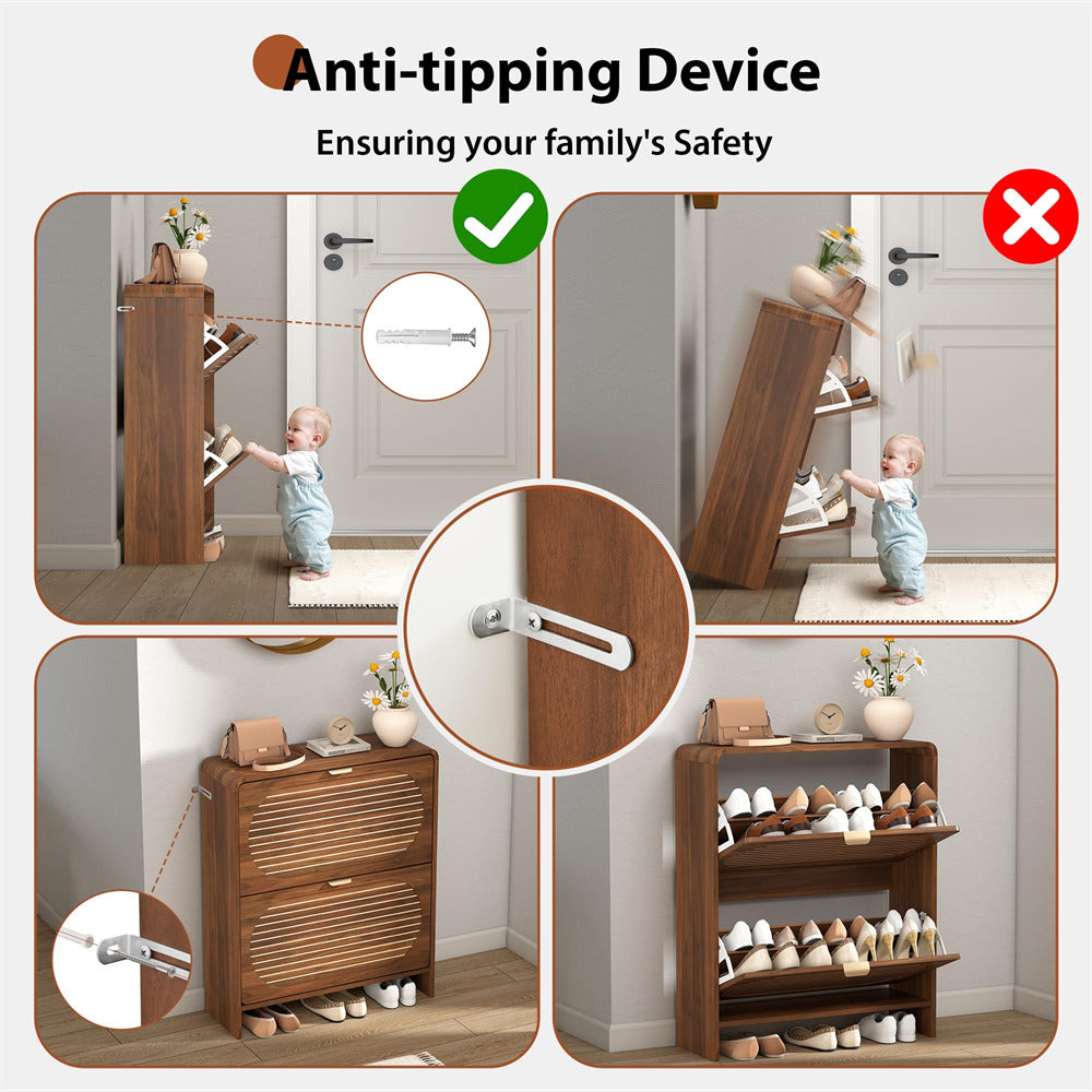 Wooden shoe rack with anti-tipping device for safety, featuring a child and refrigerator illustration.