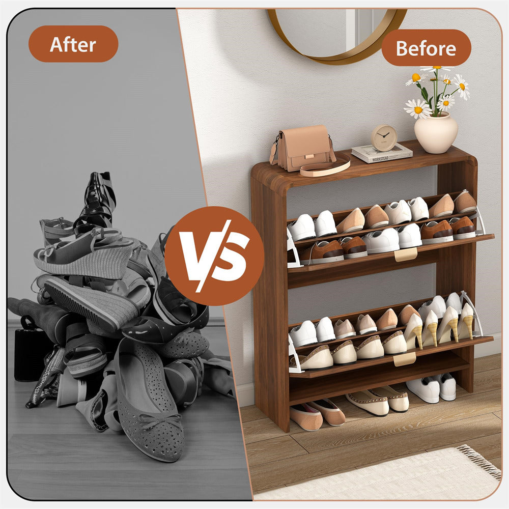 Before and after comparison of shoes with a shoe rack.