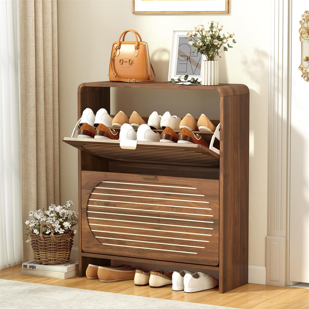 Wooden shoe rack with shoes on a wooden floor in a room setting.