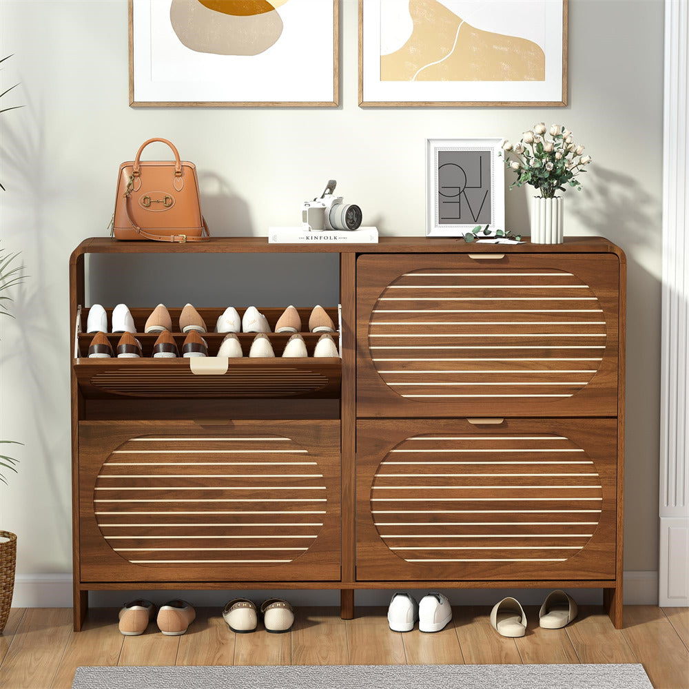 Wooden shoe cabinet with shoes on a wooden floor, decorated room.