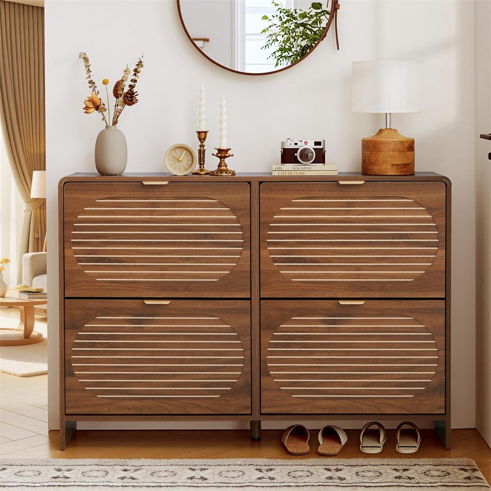 Wooden cabinet with decorative items in a living room setting