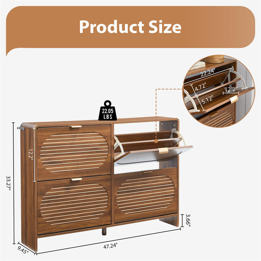 Wooden shoe cabinet with dimensions and weight label on a white background