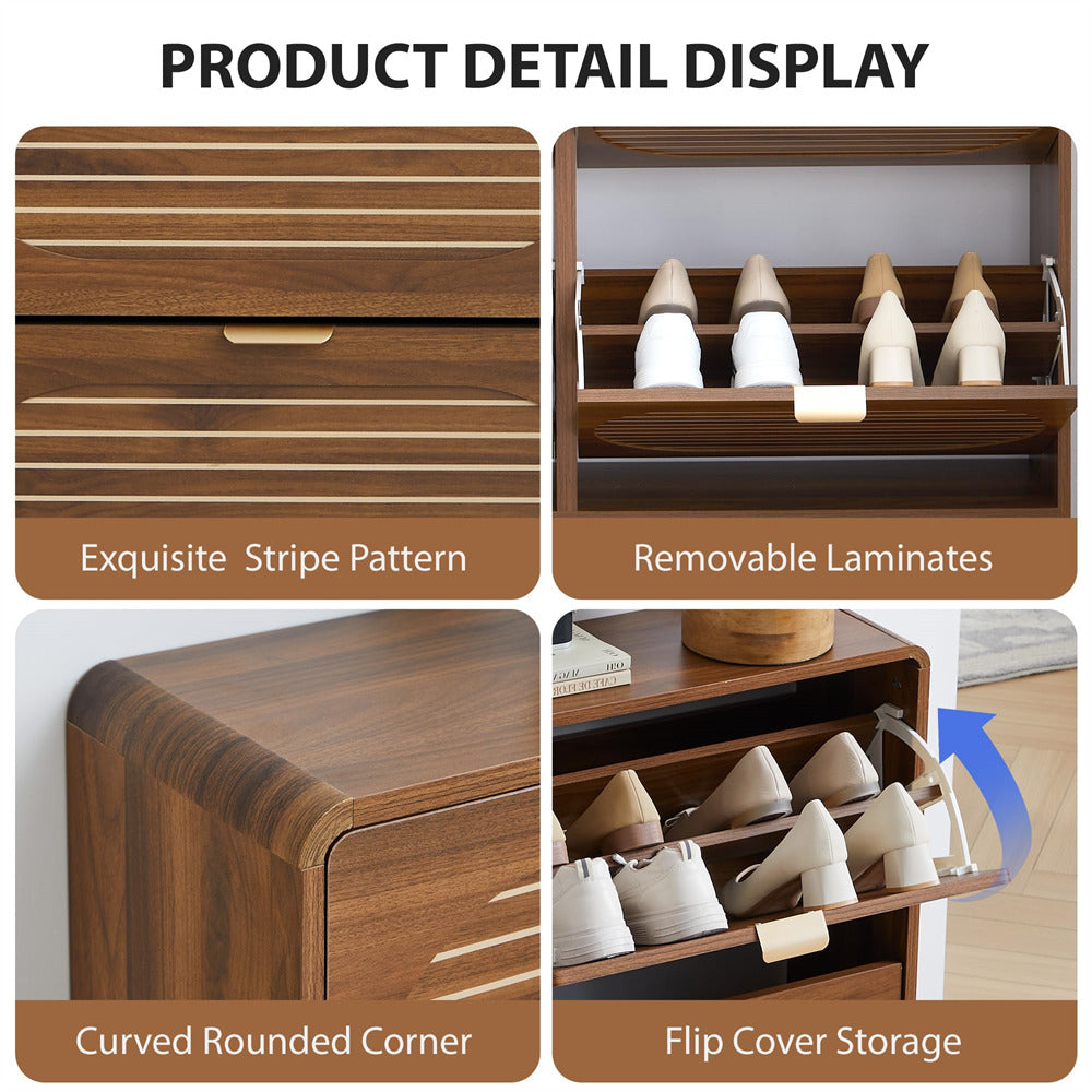Wooden cabinet with features highlighted including stripe pattern, removable laminates, curved corner, and flip cover storage.