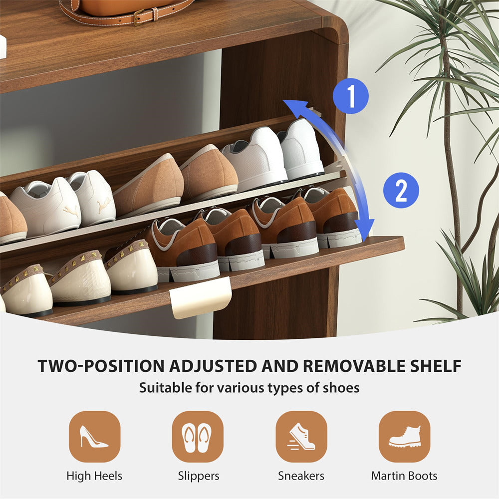 Wooden shoe rack with adjustable shelf holding shoes, with text and icons indicating shoe types.