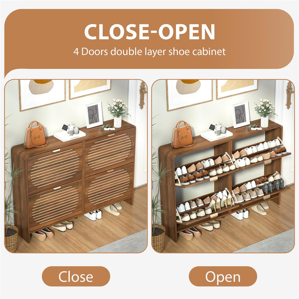 Wooden shoe cabinet with four doors showing both closed and open states, filled with shoes.