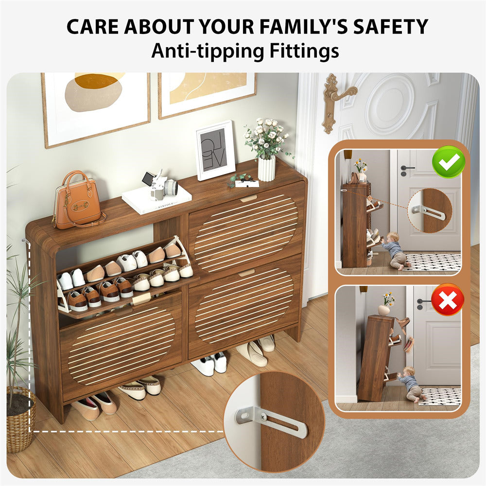 Wooden shoe cabinet with anti-tipping fittings feature, showing safety benefits.